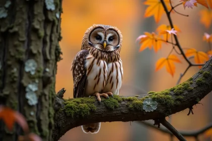 Chouette hulotte perchée sur une branche en forêt, montrant son disque facial rond et ses yeux sombres caractéristiques, sans aigrettes visibles