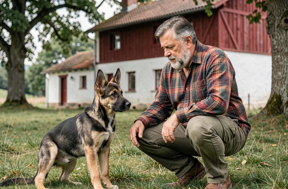 François Cipolat éleveur canin accroupi avec un jeune Beauceron devant une ferme de style basque en Nouvelle-Aquitaine