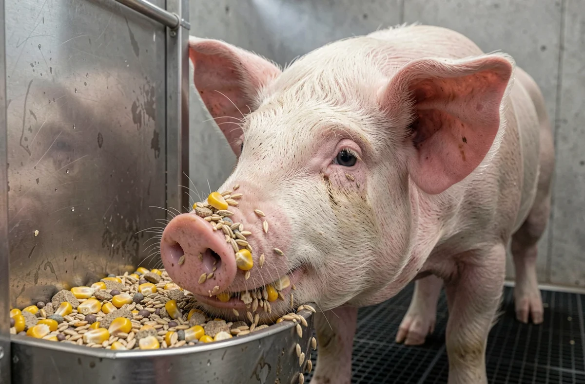 Gros plan sur un cochon en engraissement mangeant une ration de céréales dans un distributeur automatique