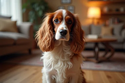 Cocker Spaniel nain au pelage acajou et blanc assis dans un salon chaleureux, regard expressif et oreilles soyeuses