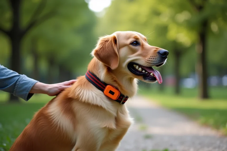 Chien golden retriever portant un collier GPS orange assis dans un parc avec son propriétaire