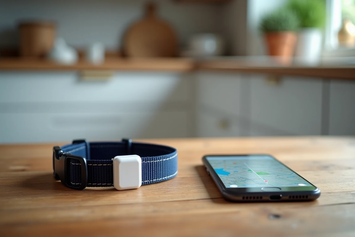 Collier GPS pour chien posé sur une table en bois avec un smartphone affichant une carte de localisation