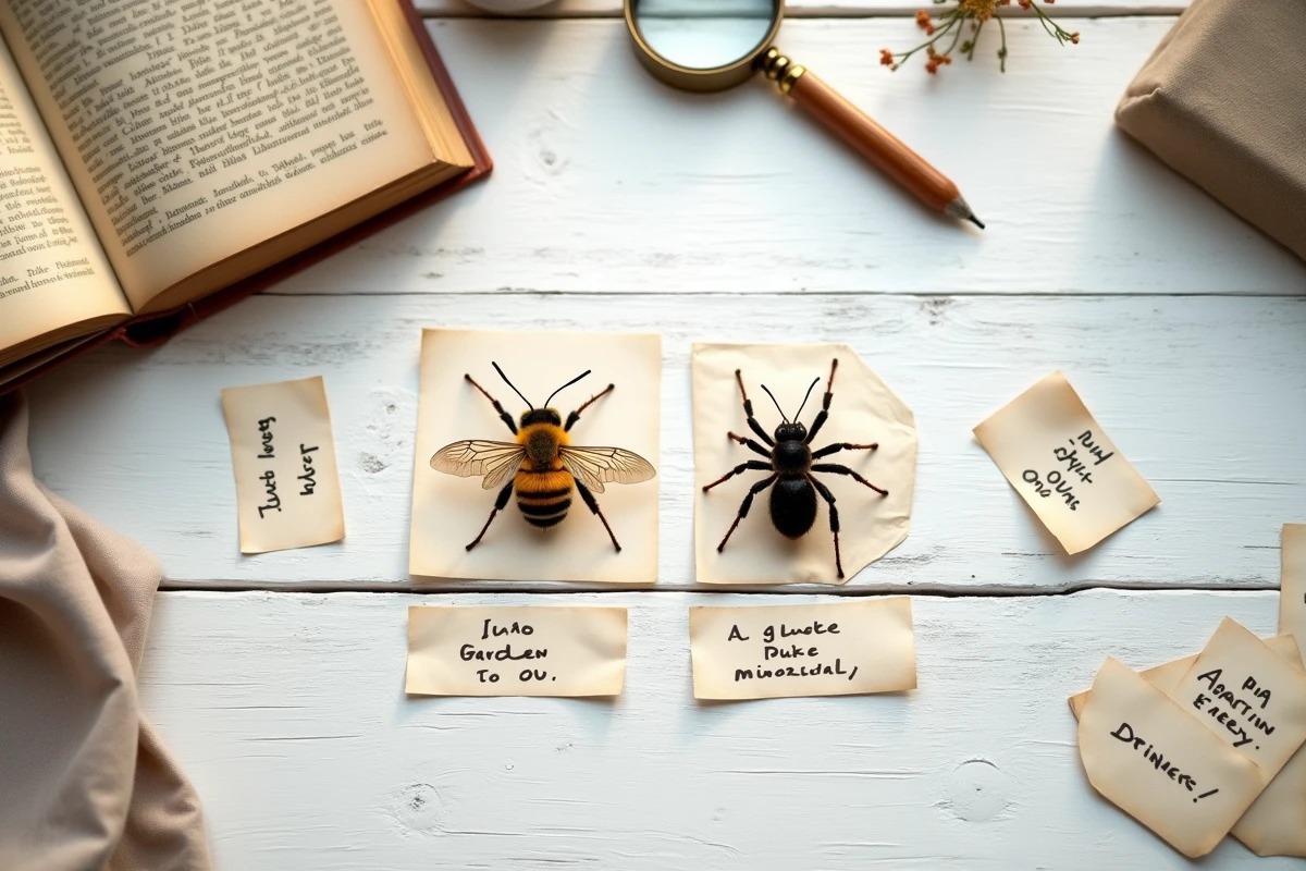 Comparaison côte à côte d'une abeille et d'une araignée avec loupe et guide entomologique sur table en bois
