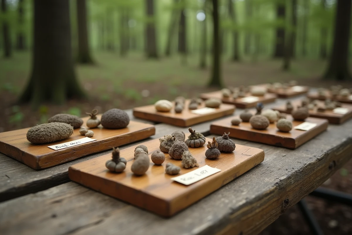 Comparaison de crottes de mammifères sauvages sur une table de terrain naturaliste avec étiquettes manuscrites