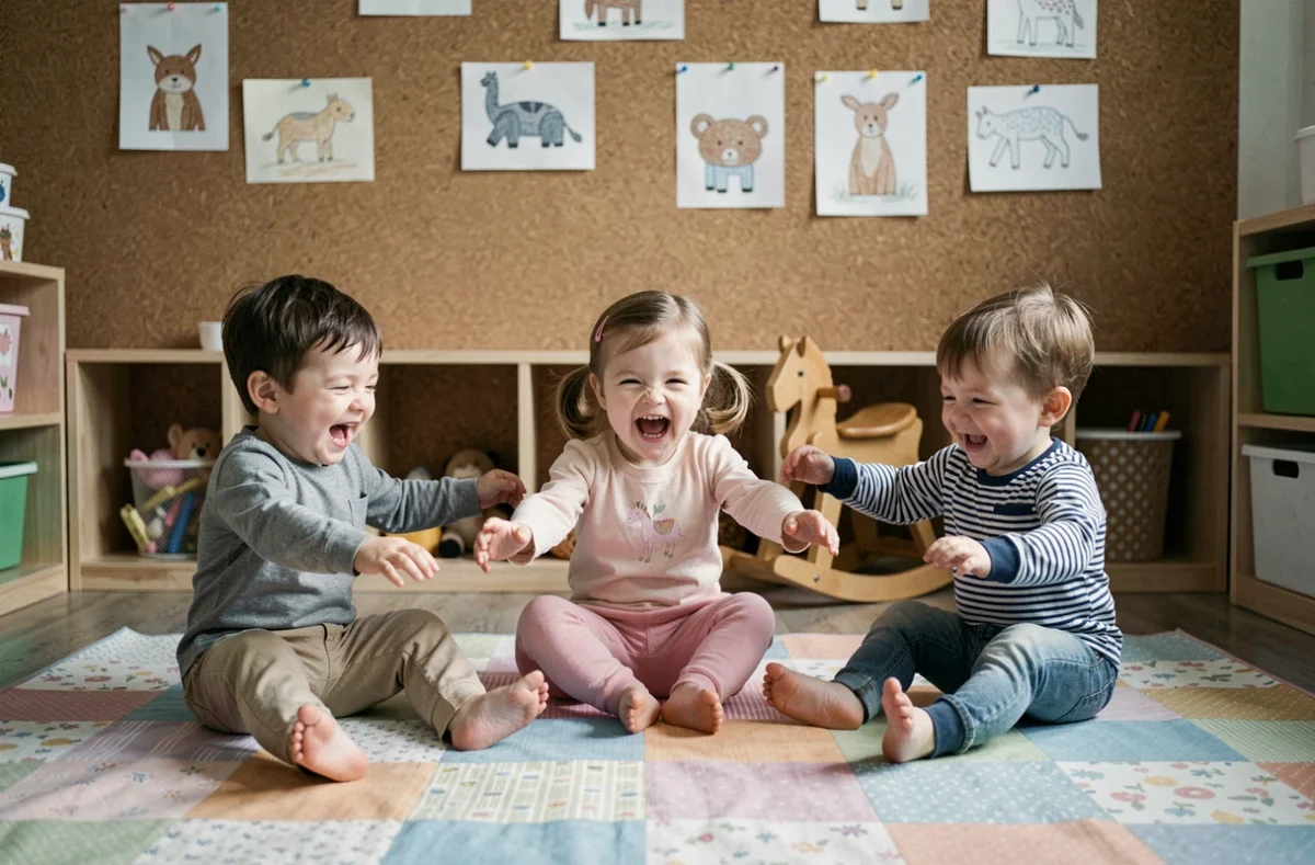 Trois enfants en bas âge mimant le galop d'un cheval en chantant une comptine à gestes dans une salle de crèche colorée