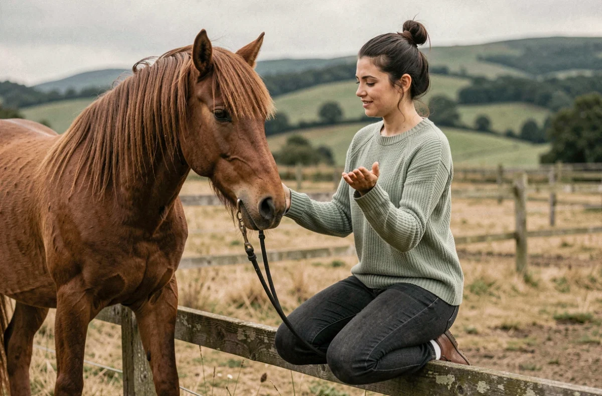 Femme mimant une comptine à gestes avec un poney brun dans un paddock de campagne aux herbes sèches