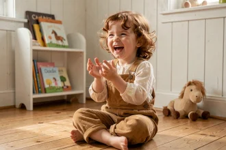 Petite fille de 4 ans assise sur le sol d'une salle de jeux, frappant des mains en chantant une comptine sur les chevaux
