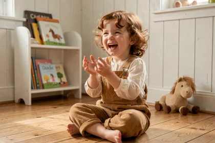 Petite fille de 4 ans assise sur le sol d'une salle de jeux, frappant des mains en chantant une comptine sur les chevaux