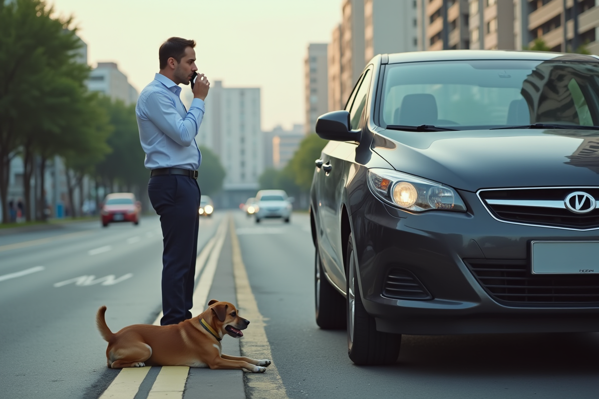 Jeune homme au volant avec chien sur le trottoir en ville