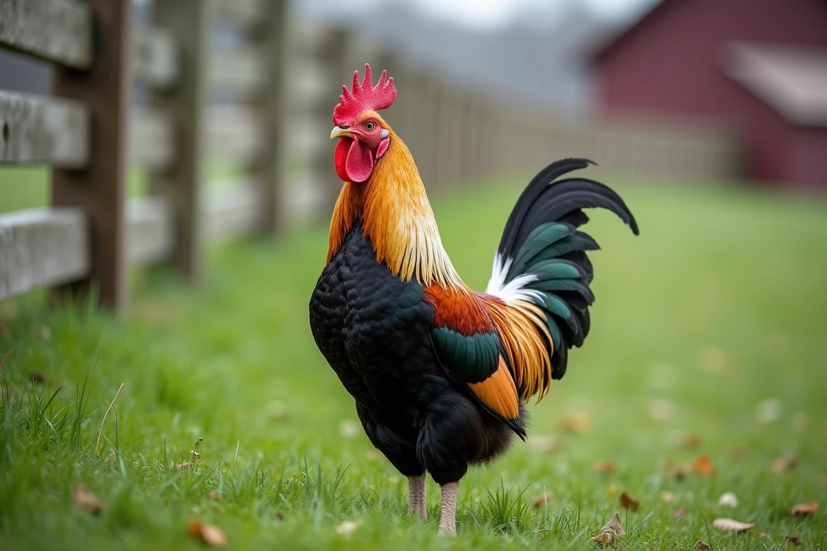 Coq Plymouth Rock barré en plein air dans un pré avec clôture de ferme