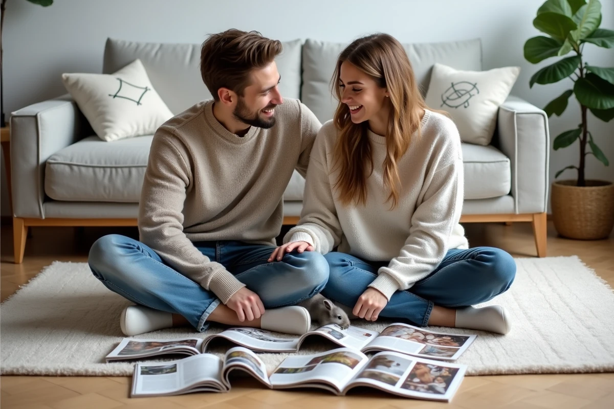 Couple parcourant des numéros de magazine animalier sur le sol avec un lapin gris