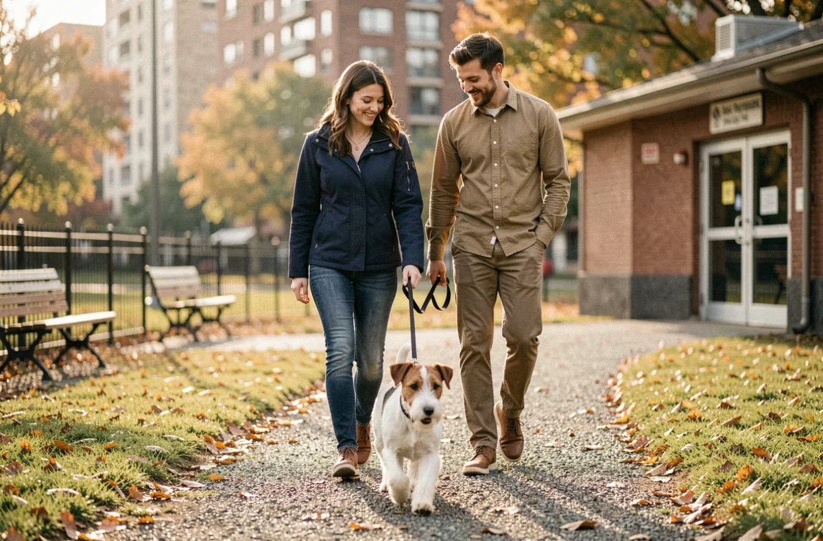 Couple promenant un Fox Terrier à poil court en laisse dans un parc urbain après son adoption en refuge