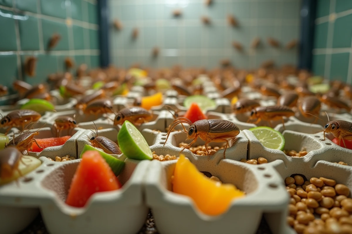 Crickets mangeant des légumes frais dans un habitat spacieux