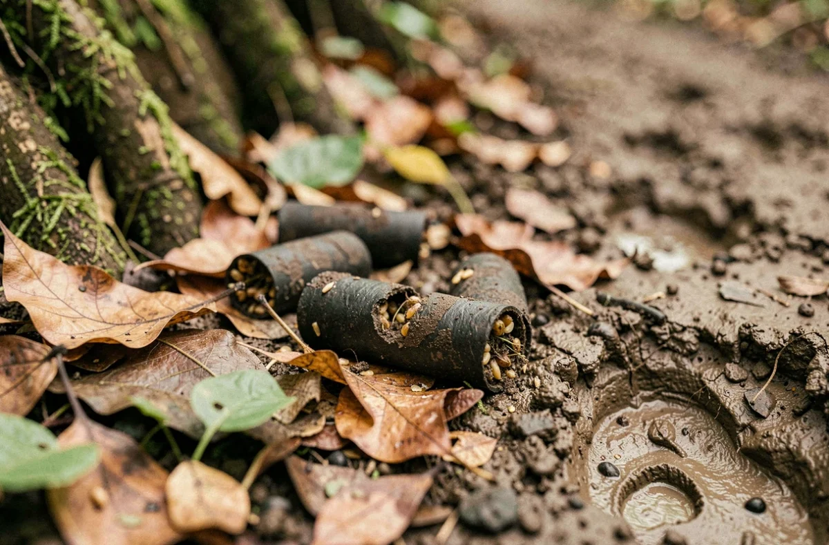 Crotte de sanglier en gros plan sur sol forestier humide avec empreintes de sabots dans la boue, indices de présence de sangliers