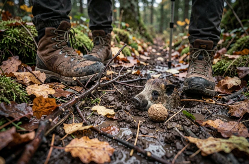 Traces de crotte de sanglier sur un sentier forestier avec la botte d'un randonneur au premier plan