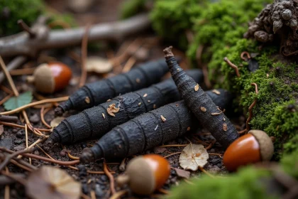 Crottes de sanglier sur un sol forestier recouvert de feuilles mortes et d'aiguilles de pin, vue de dessus en macro