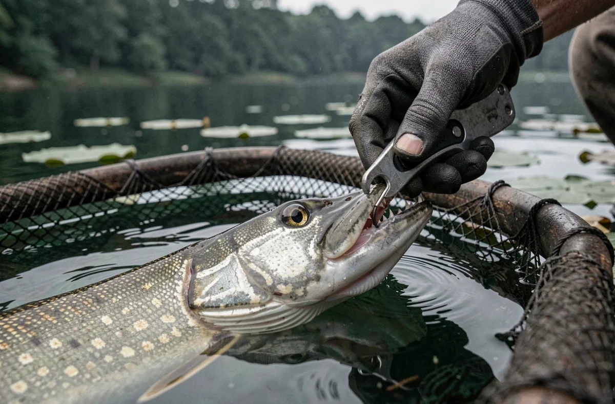 Gros plan sur le décrochage sécurisé d'un hameçon dans la mâchoire d'un brochet avec un outil de décrochage