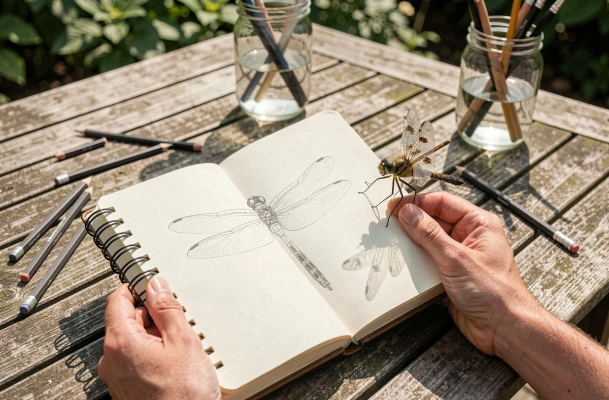 Main d'artiste tenant un carnet de croquis avec un dessin de libellule à côté d'une vraie libellule posée sur la page, comparaison illustration et nature