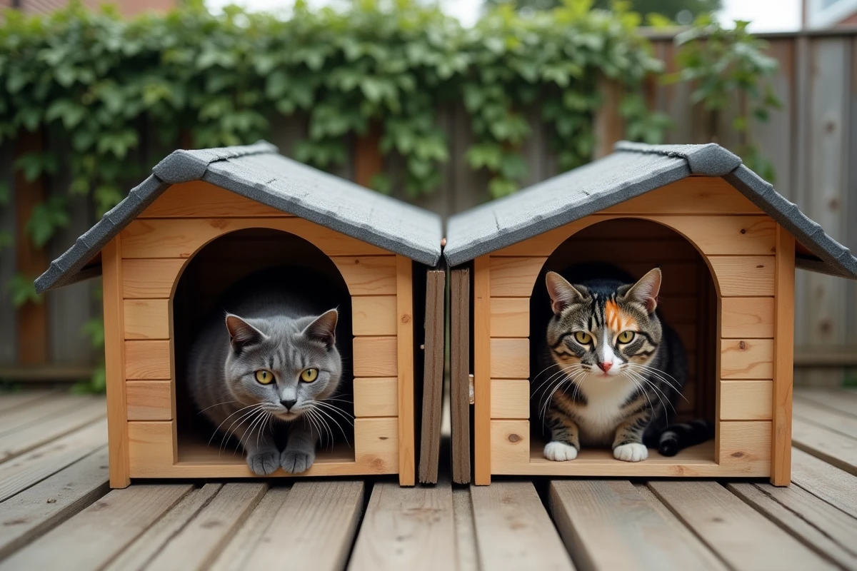 Deux maisons pour chats extérieures côte à côte avec séparateur pour chats qui ne s'entendent pas sur une terrasse en bois