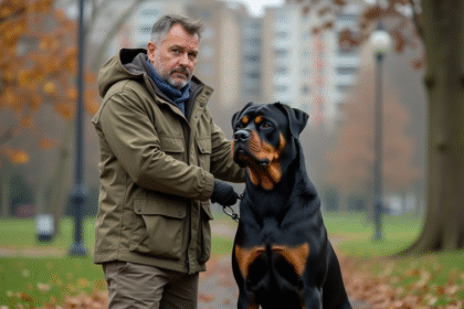 Dresseur masculin calme avec un rottweiler musclé en extérieur