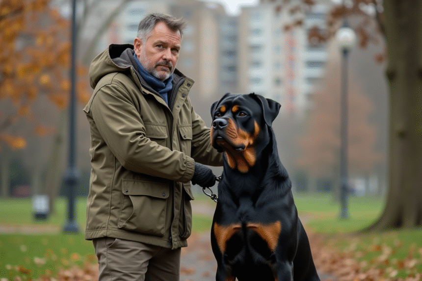 Dresseur masculin calme avec un rottweiler musclé en extérieur