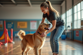 Dresseuse de chien d assistance guidant un retriever en centre