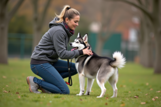 Dresseuse de chien guide un husky dans un parc