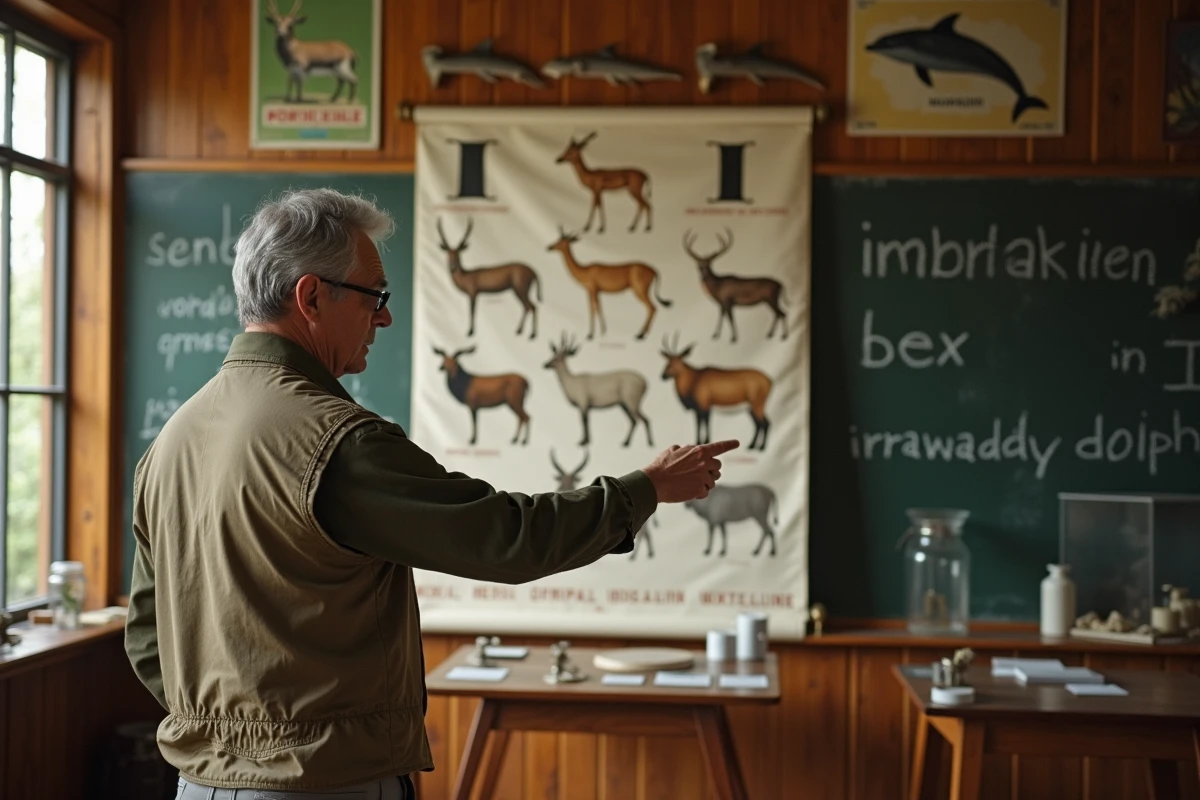 Éducateur naturaliste présentant un tableau illustré d'animaux en I comme l'impala et le bouquetin dans une salle de classe muséale