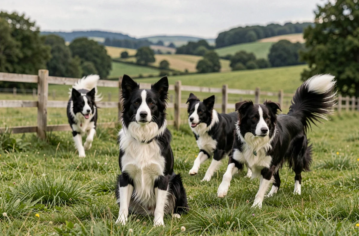 Trois Border Collies en pleine nature dans un pré verdoyant, élevage 'Nos amis Border Collies' en Nouvelle-Aquitaine