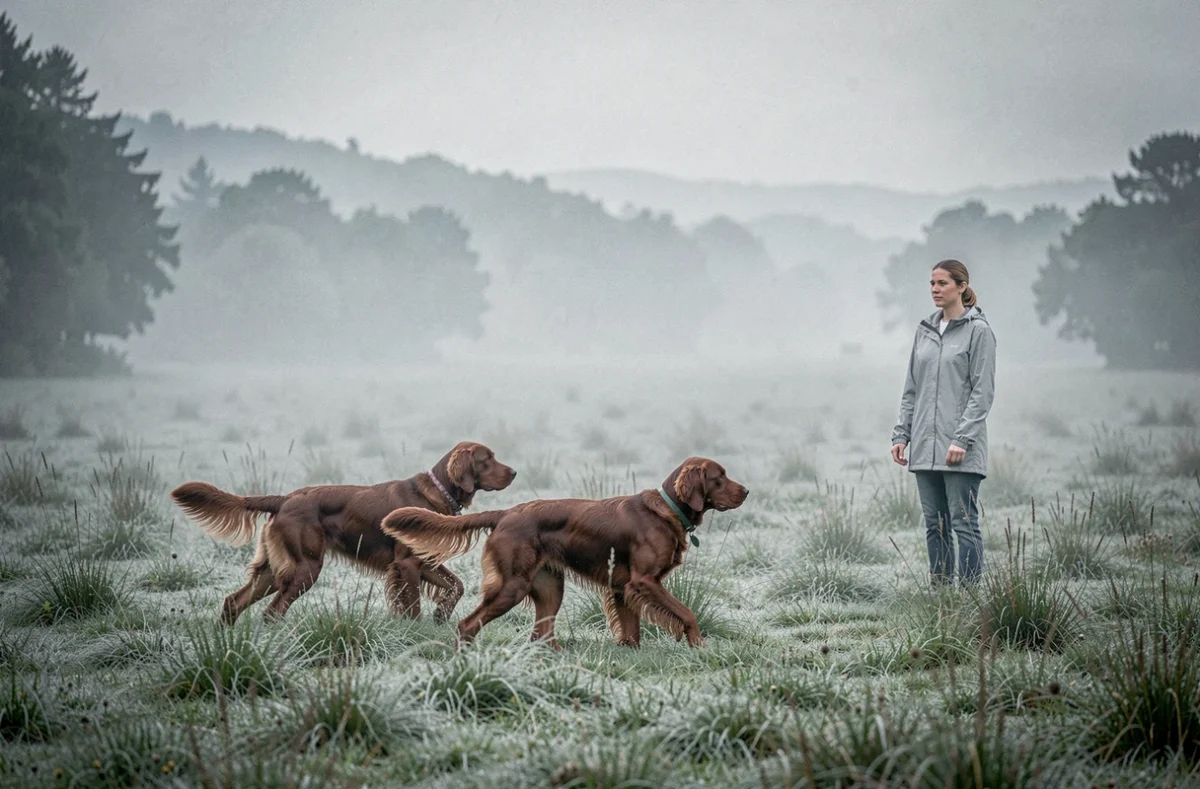 Deux Irish Setters dans une prairie brumeuse au petit matin avec leur éleveuse, élevage 'De la Brume au Matin' en Nouvelle-Aquitaine