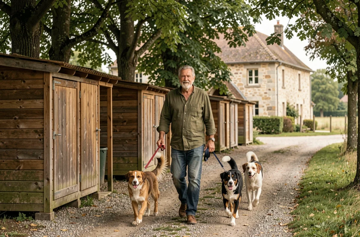 Éleveur marchant sur le chemin de l'élevage canin de la Châtaigneraie entouré de châtaigniers et de chenils en bois