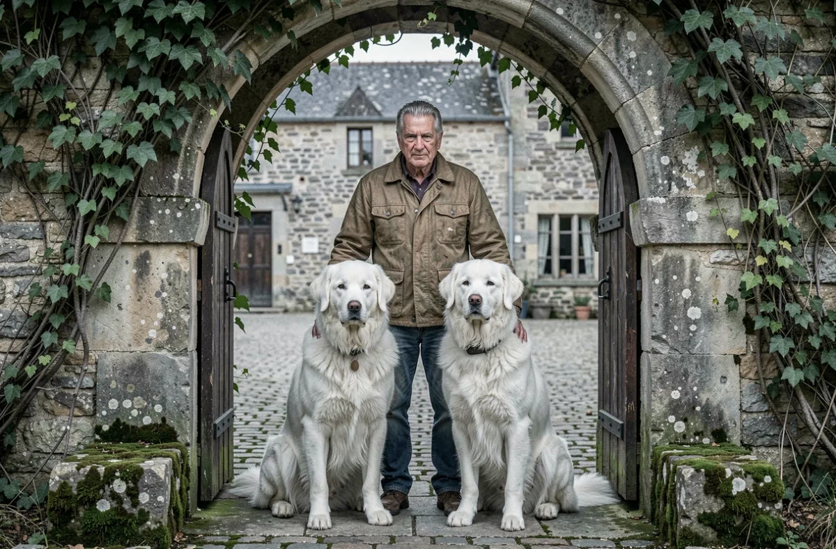 Deux grands Chiens des Pyrénées devant une arche en pierre avec leur éleveur, représentant l'élevage 'La Cathédrale des Ours'