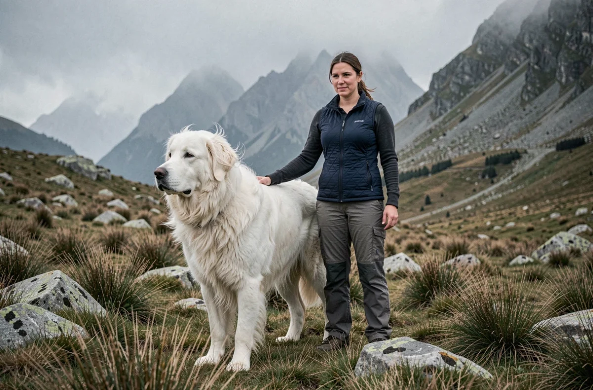 Grand Chien des Pyrénées blanc en montagne avec son éleveuse, représentant l'élevage 'Les Ours des Hautes Terres d'Aquitaine'
