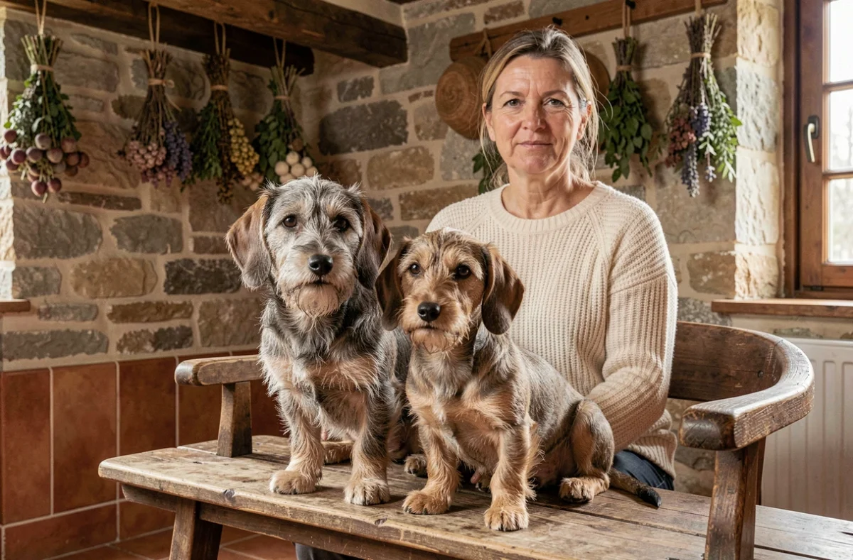 Deux teckels nains à poil dur et un Kaninchen assis sur un banc en bois dans un intérieur rustique français