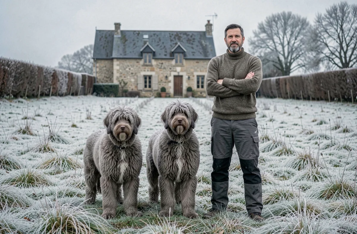 Trois Bergers des Pyrénées dans un paysage hivernal froid avec leur éleveur devant une ferme en pierre, élevage des Terres Froides