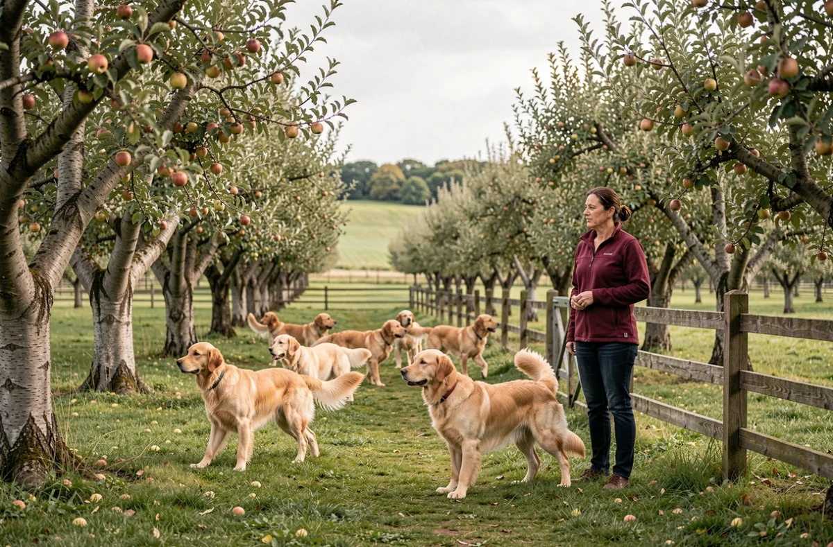 Plusieurs Golden Retrievers dans un verger de pommiers avec leur éleveuse, élevage du Tertre de la Pommeraie en Nouvelle-Aquitaine