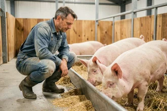 Éleveur surveillant l'alimentation de cochons à l'engraissement dans un bâtiment porcin moderne