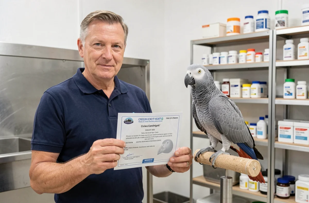 Éleveur responsable présentant les documents officiels de santé d'un gris du Gabon bleu dans un élevage professionnel certifié