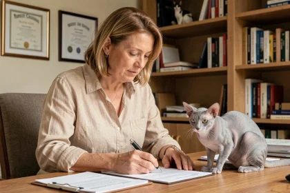 Éleveuse de chats Korat examinant des documents de pedigree avec son chat argenté posé sur le bureau