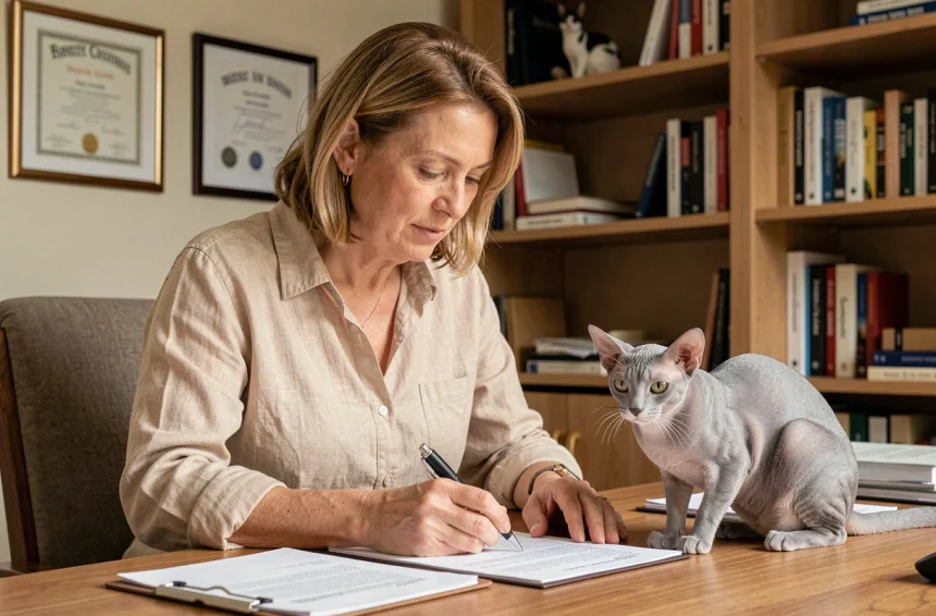 Éleveuse de chats Korat examinant des documents de pedigree avec son chat argenté posé sur le bureau