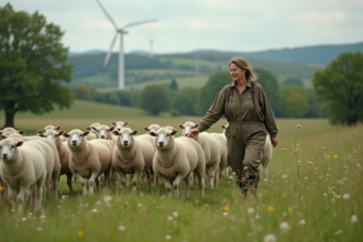 Femme éleveuse guidant un troupeau de moutons dans un paysage rural