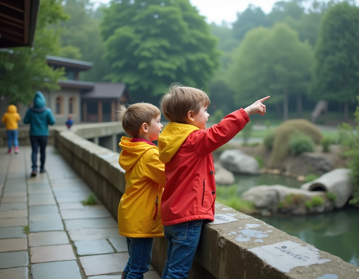 Deux jeunes enfants sur la pointe des pieds devant un enclos animalier dans un parc zoologique à Strasbourg