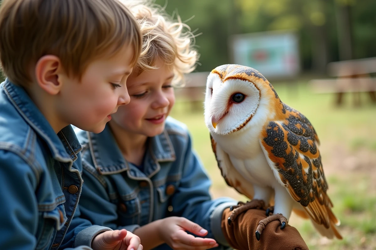 Deux enfants curieux observant une chouette effraie lors d'un atelier nature en plein air, découvrant les différences entre chouettes et hiboux