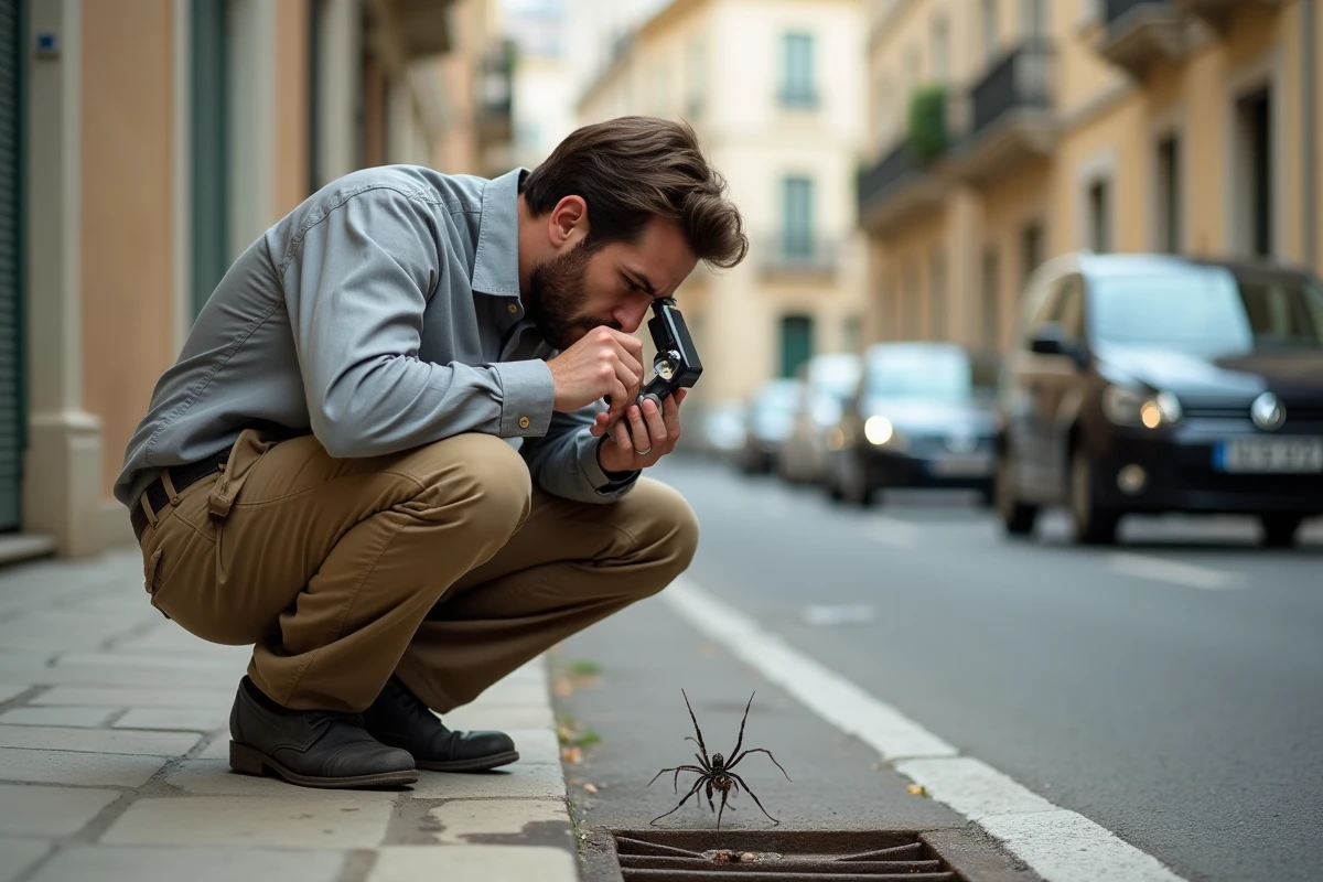 Entomologiste examinant une mygale de Provence capturée dans un flacon sur un trottoir de ville du sud de la France