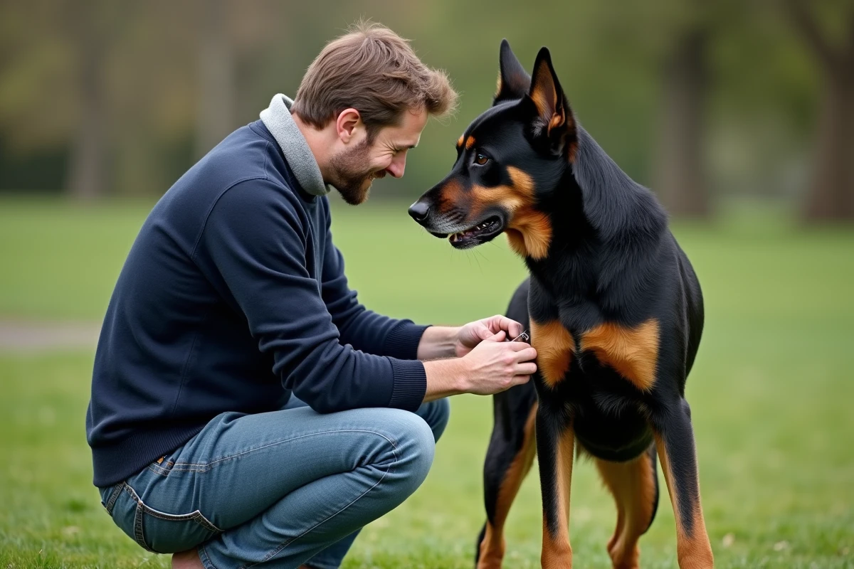 Propriétaire de Beauceron entretenant l'ergot de son chien en extérieur avec des ciseaux de toilettage