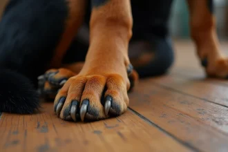 Gros plan sur l'ergot double du Beauceron, détail anatomique caractéristique de la race sur pattes postérieures