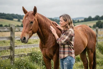 Femme d'âge mûr caressant un vieux cheval bai dans un pré verdoyant, illustrant le lien entre propriétaire et cheval âgé