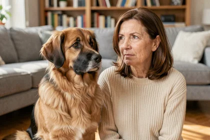 Femme calme assise avec son chien Eurasier au pelage épais dans un salon chaleureux