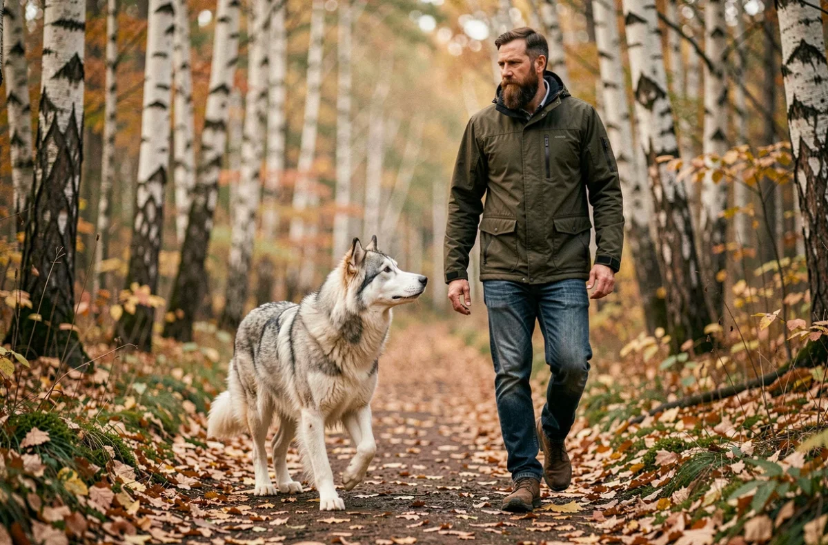 Homme promenant son chien Eurasier sur un sentier forestier en automne