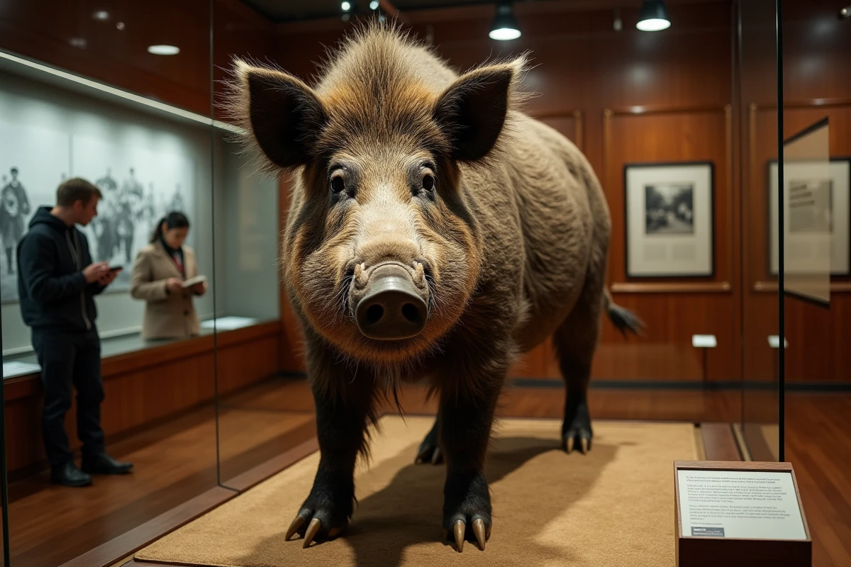 Sanglier taxidermie exposé dans un musée avec photos anciennes
